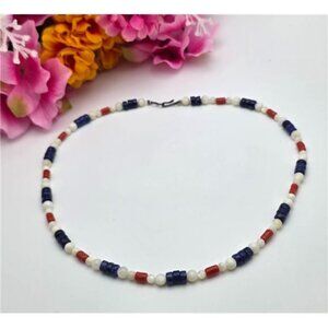Vintage Patriotic Red White Blue Beaded Necklace Stone Shell 18 Inch